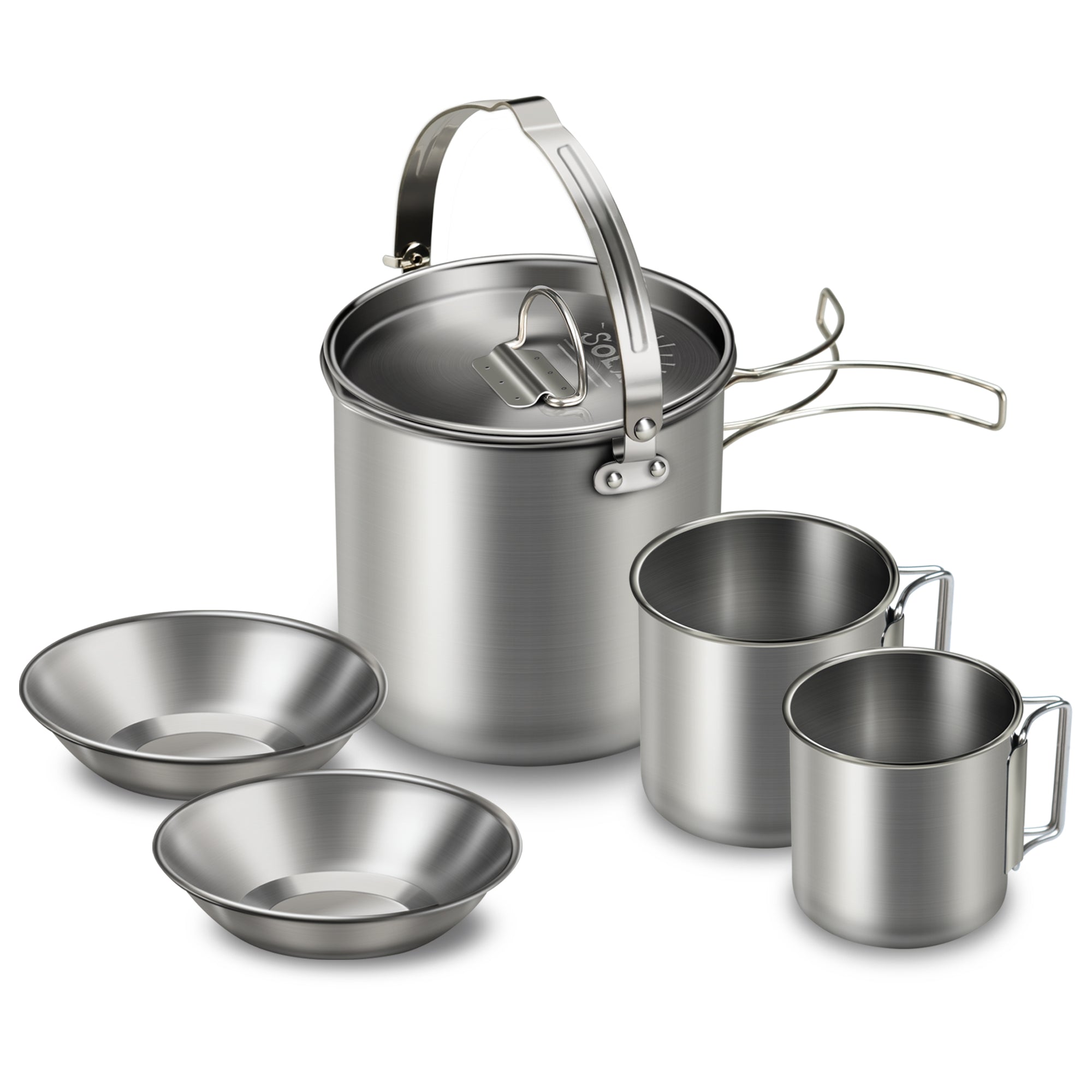 Tomfoto 5PCS Stainless Steel Kettle with 2 Cups 2 Bowls Foldable Handles Lid Large Capacity Portable Tea Coffee Water Cooking Pot for Camping Hiking Picnic Outdoors