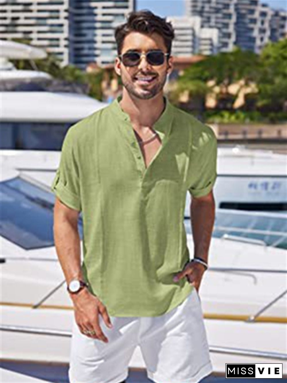 Linen Shirt Casual Beach Shirt Short Sleeve T-shirt Solid Color Stand-up Collar Top S M L XL 2XL 3XL 4XL 5XL