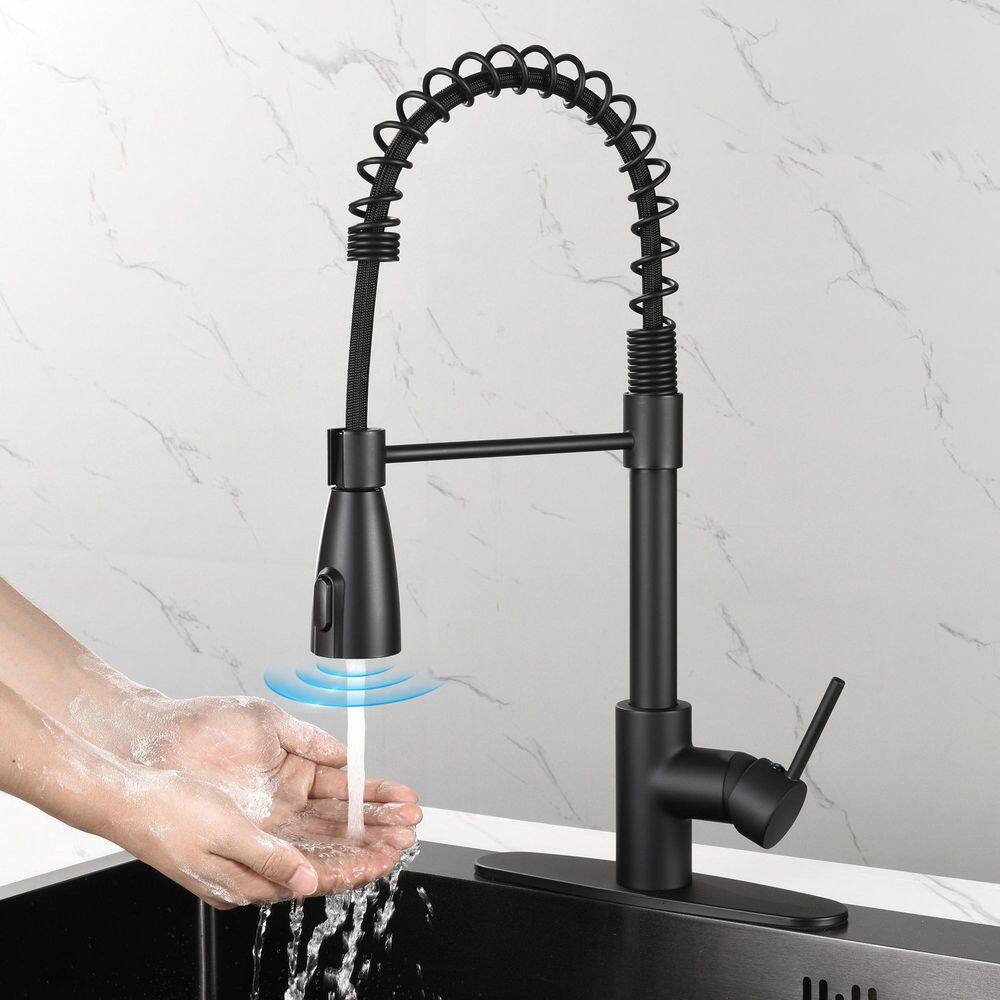 Heemli Touchless Single Handle Gooseneck Pull Out Sprayer Kitchen Faucet with Deckplate and Spiral Tube in Matte Black KBT0201MB