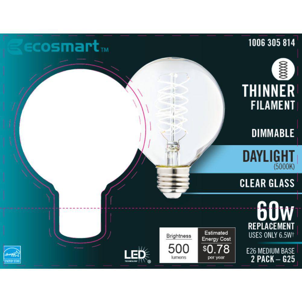 EcoSmart 60-Watt Equivalent G25 Dimmable Fine Bendy Filament LED Light Bulb Daylight (2-Pack) G25C6E26850S