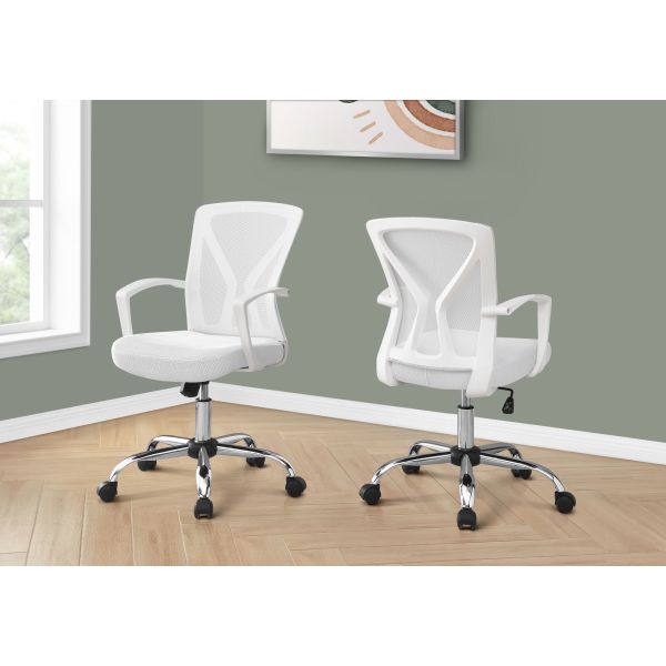 Office Chair， Adjustable Height， Swivel， Ergonomic， Armrests， Computer Desk， Work， White Mesh， Chrome Metal， Contemporary， Modern