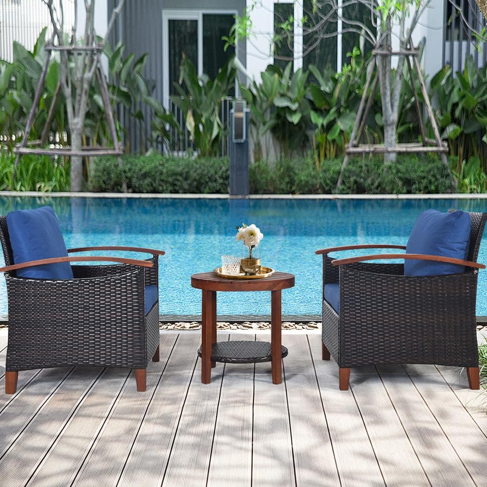 Gymax 3-Pieces Patio Wicker Rattan Conversation Set Outdoor Furniture Set with Blue Cushion GYM05057