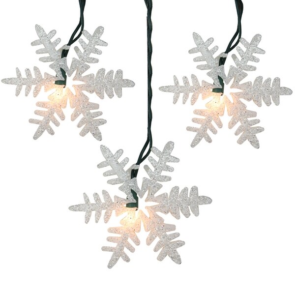 10ct White Glittered Snowflake Christmas Light Set 6ft Green Wire