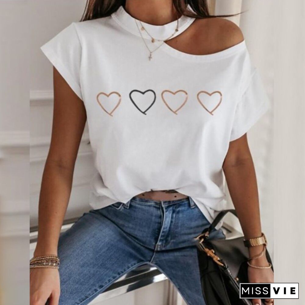 Women Summer Love Print Tshirt Casual Short Sleeve Tops Tees Sexy Off Shoulder T-Shirt O-neck Loose Shirts Female D30