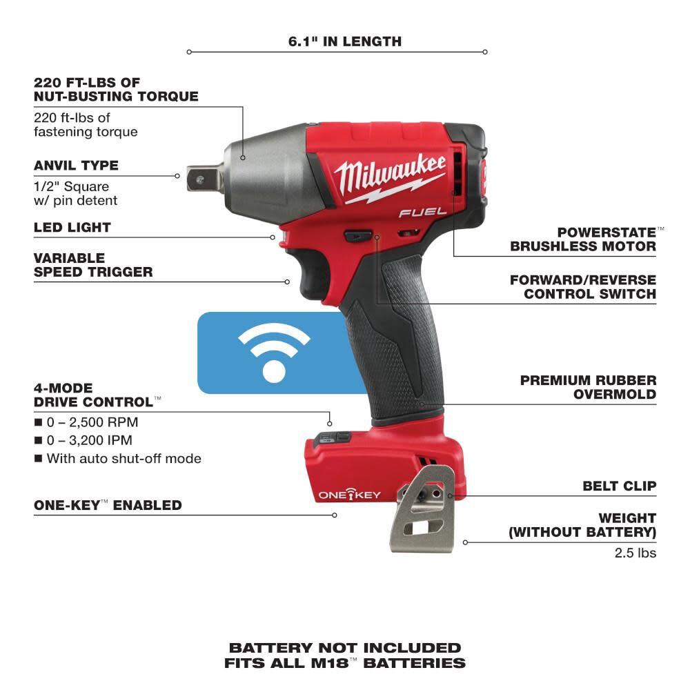 Milwaukee M18 FUEL 1/2 in. Compact Impact Wrench with Pin Detent with ONE-KEY 2759-20 from Milwaukee