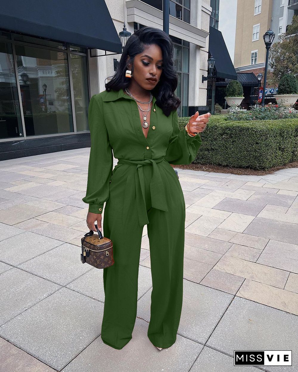 Solid Turn Down Collar Wide Leg Jumpsuit With Belt