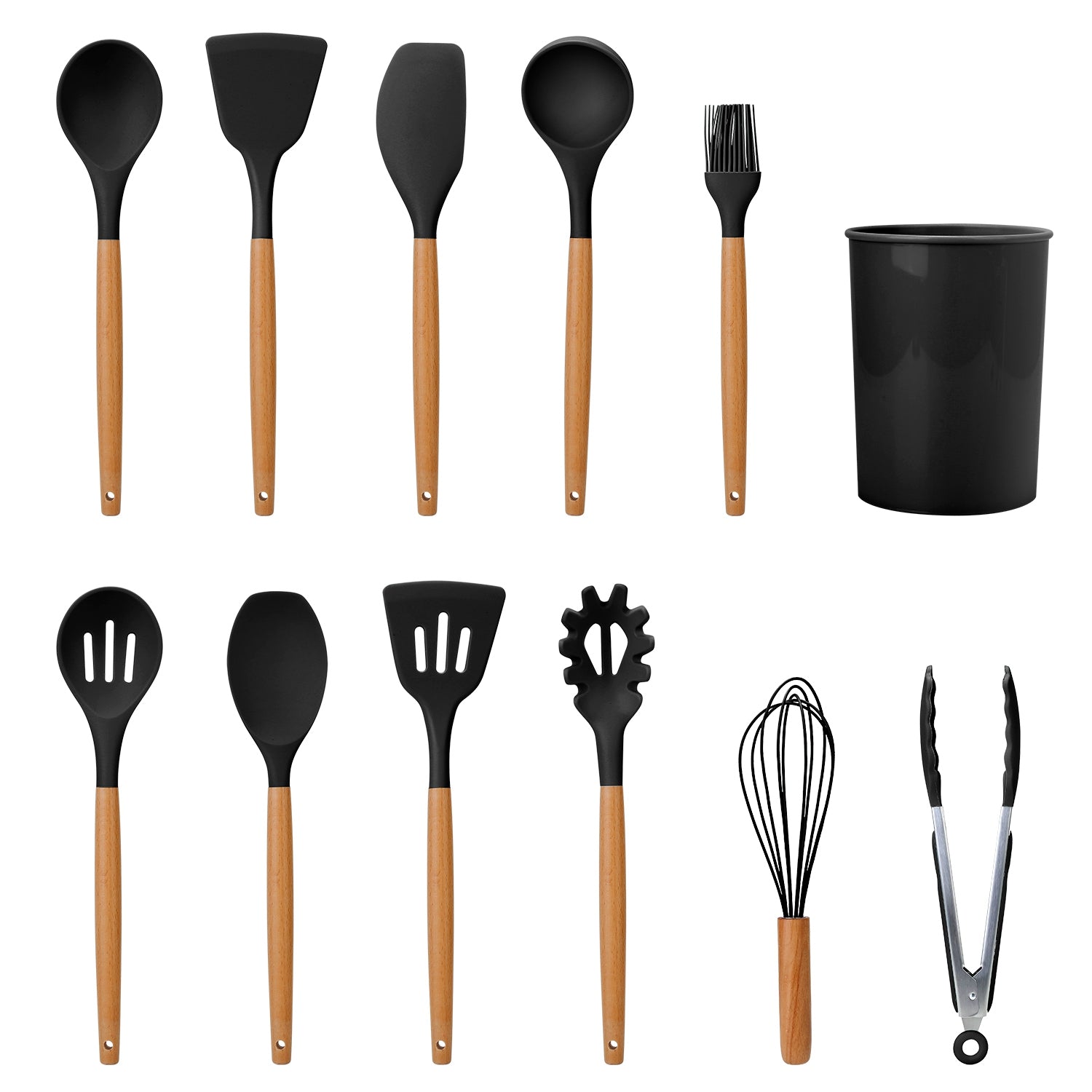 NewHome 11Pcs Silicone Cooking Utensil Set Heat Resist Wooden Handle Silicone Spatula Turner Ladle Spaghetti Server Tongs Spoon Egg Whish Kitchenware Set With Holder Black