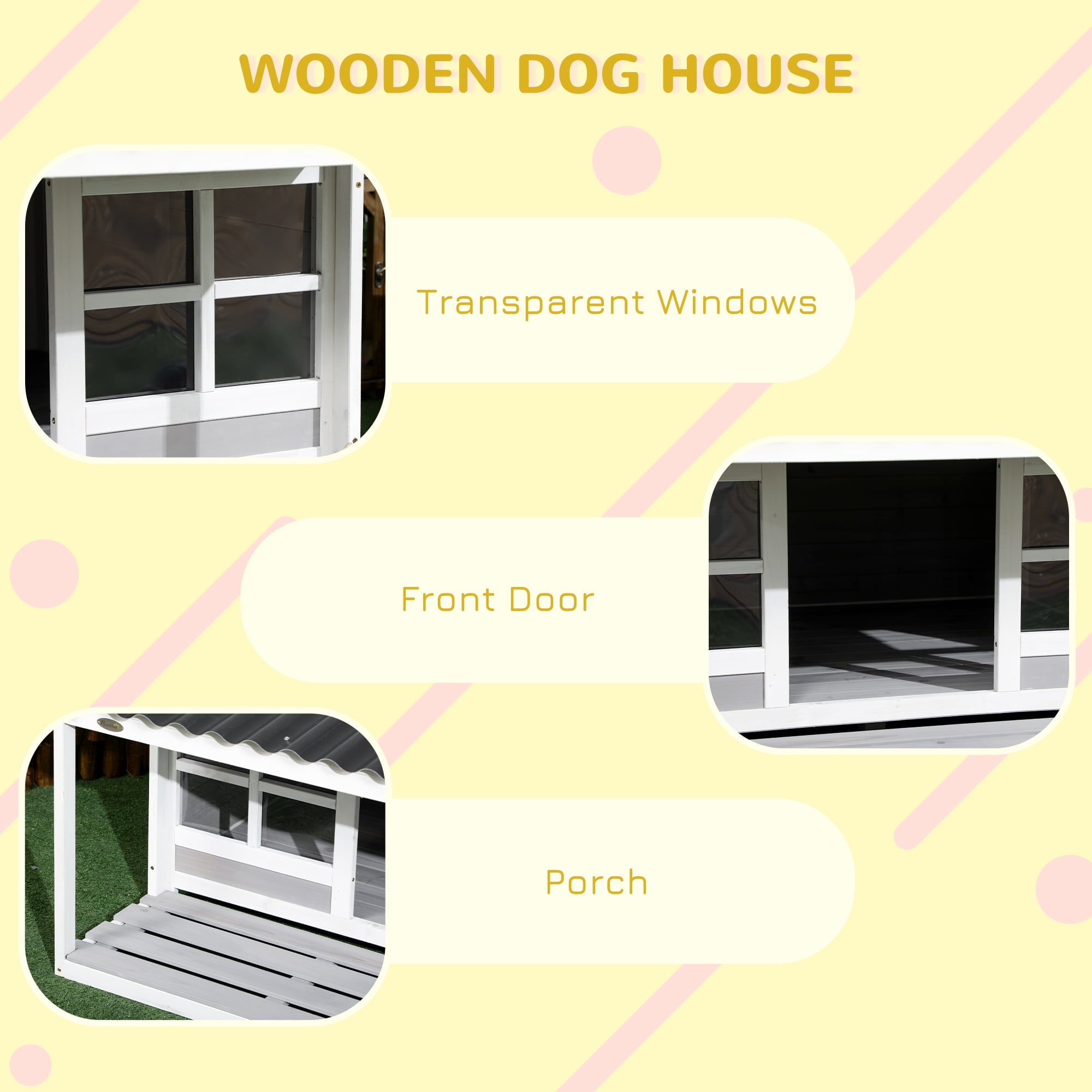 PawHut Wooden Dog House Outdoor with Porch， Cabin Style Raised Dog Shelter with PVC Roof， Front Door， Windows， for Large Medium Sized Dog