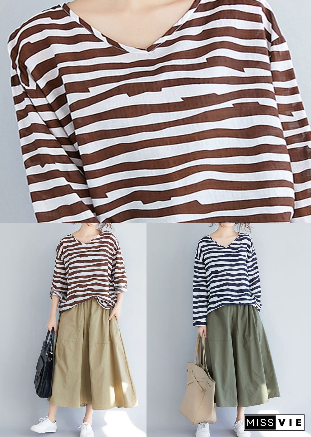 Chocolate Striped Cotton T Shirt Top V Neck Long Sleeve