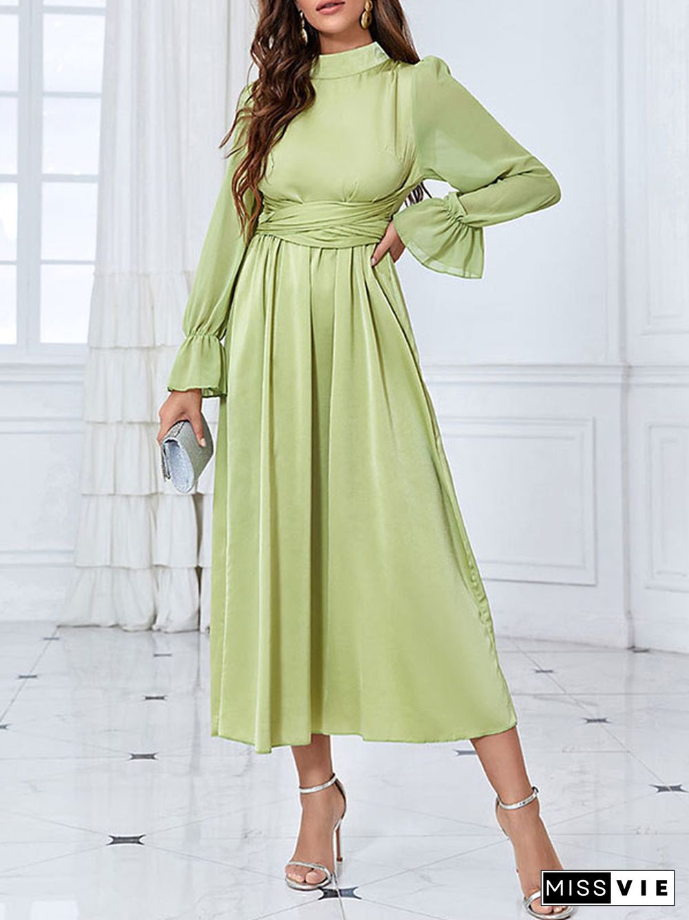 Flared Sleeves Wrap Belted Pleated Solid Color Stand Collar Midi Dresses