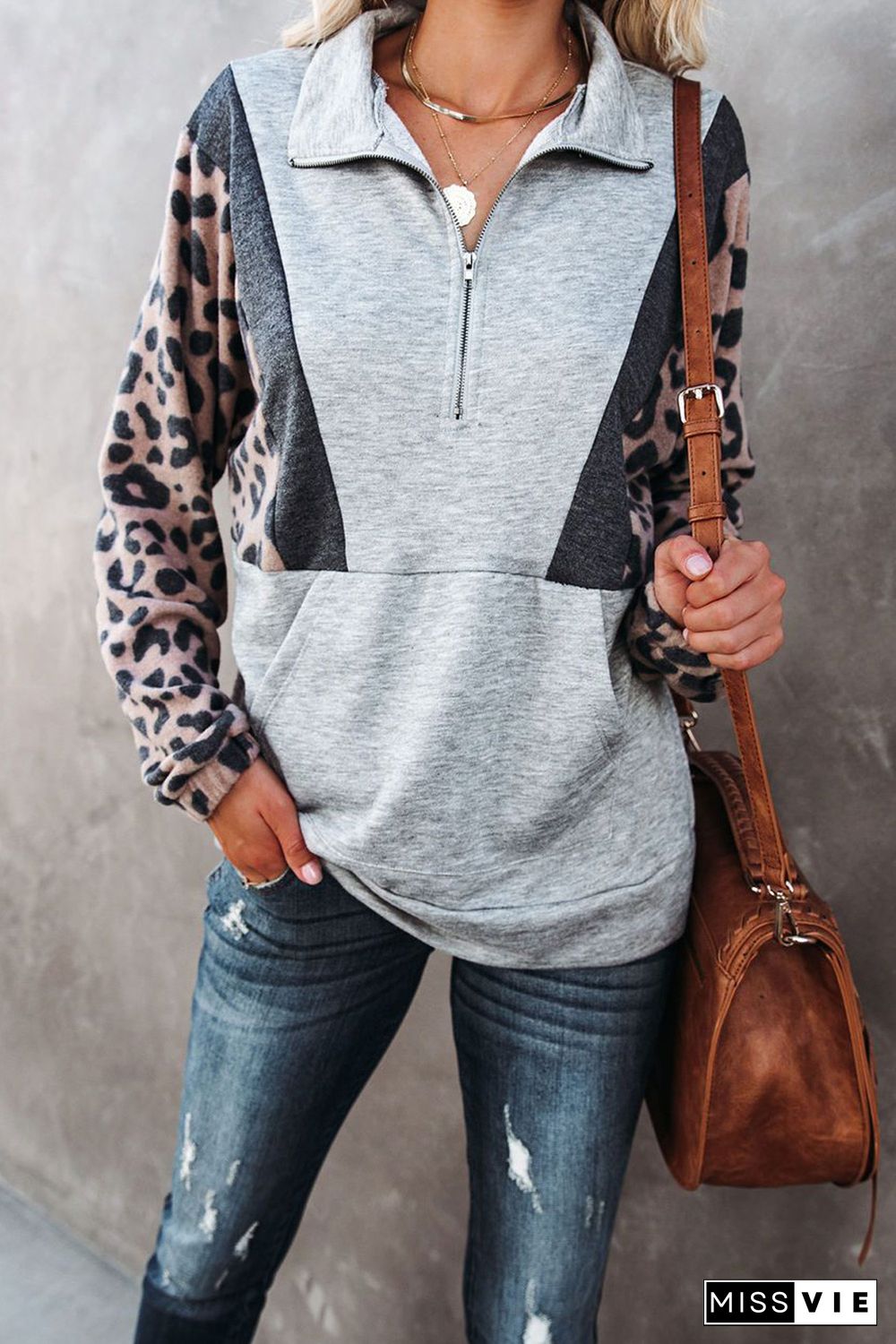 Gray Pocketed Half Zip Leopard Pullover Sweatshirt