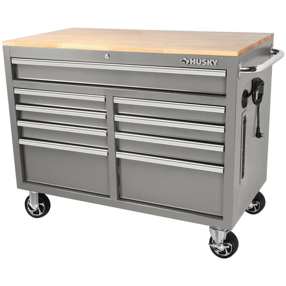 Husky 46 in. W x 24.5 in. D Standard Duty 9-Drawer Mobile Workbench CabinetTool Chest with Solid Wood Top in Gloss Gray H46MWC9GGV2