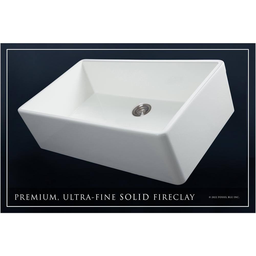 Fossil Blu Luxury White Solid Fireclay 36 in. Single Bowl Farmhouse Apron Kitchen Sink with Stainless Steel Accs and Flat Front WHS1008SS