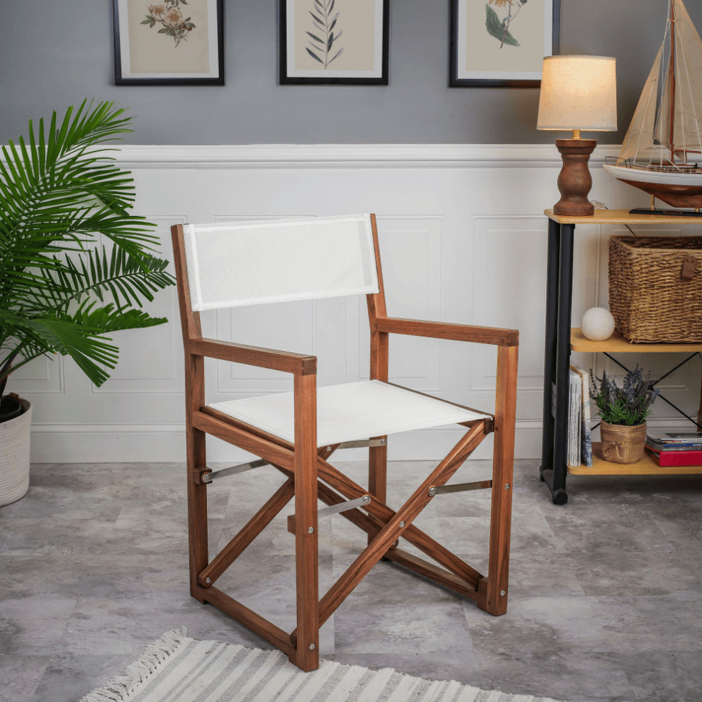 White And Brown Solid Wood Director Chair   Outdoor Dining Chairs   by HomeRoots  Houzz