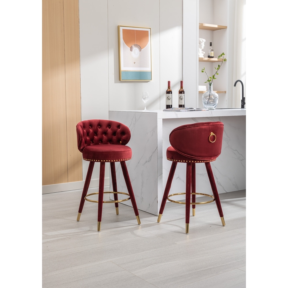 Counter Height Bar Stools Set of 2 Velvet Lounge Barstools Kitchen Armless Bar Stool w/ Tufted Back   Footrest Chair  Claret Red