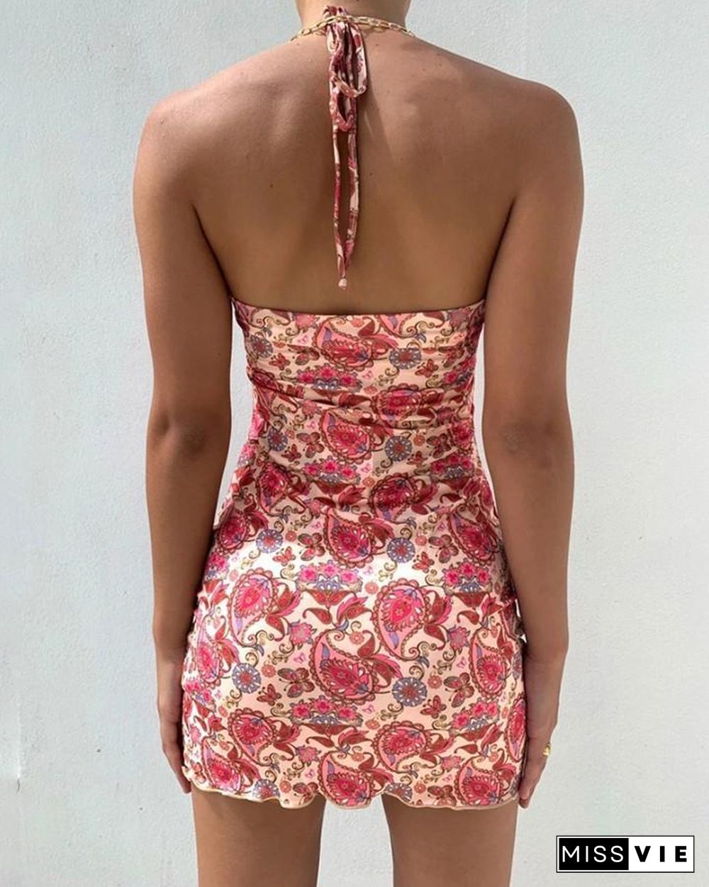 Paisley Print Backless Halter Sleeveless Mini Dress P13841