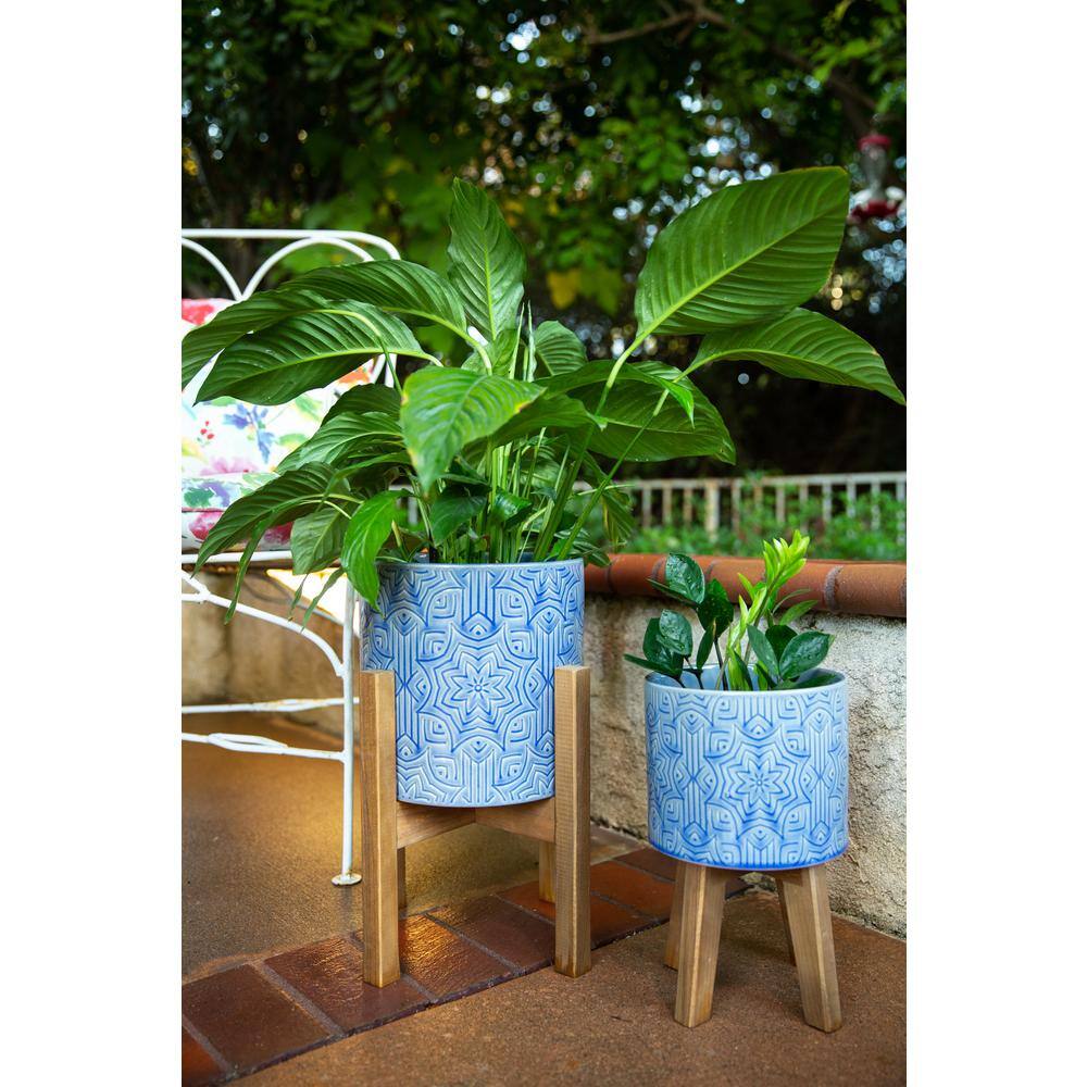 Flora Bunda 10 in. x 8 in. Star Ceramic Planter on Wood Stand， (Set of 2) CT1385E2-GSBL