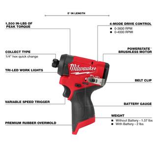 MW M12 FUEL 12V Lithium-Ion Brushless Cordless 14 in. Hex Impact Driver wCP High Output 2.5 Ah Battery Pack 3453-20-48-11-2425