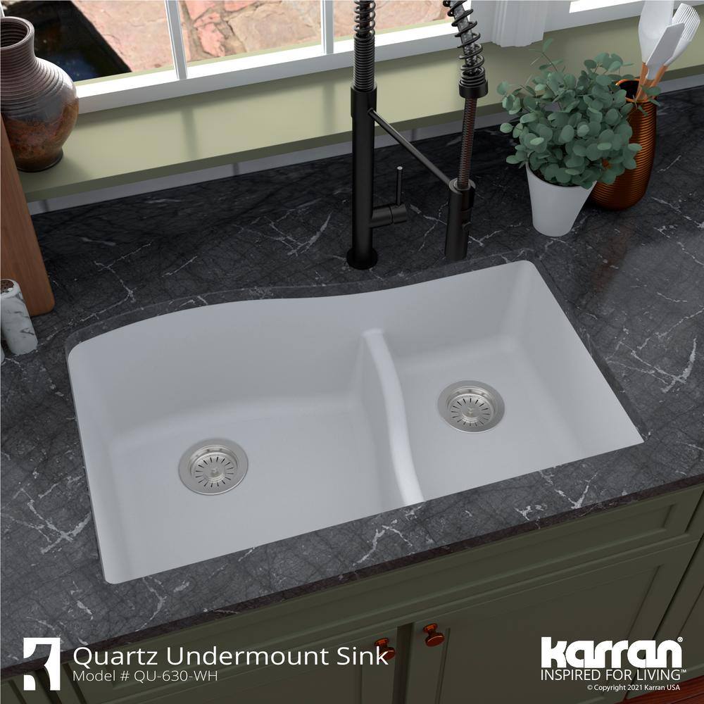 Karran Undermount Quartz Composite 32 in. 6040 Double Bowl Kitchen Sink in White QU-630-WH