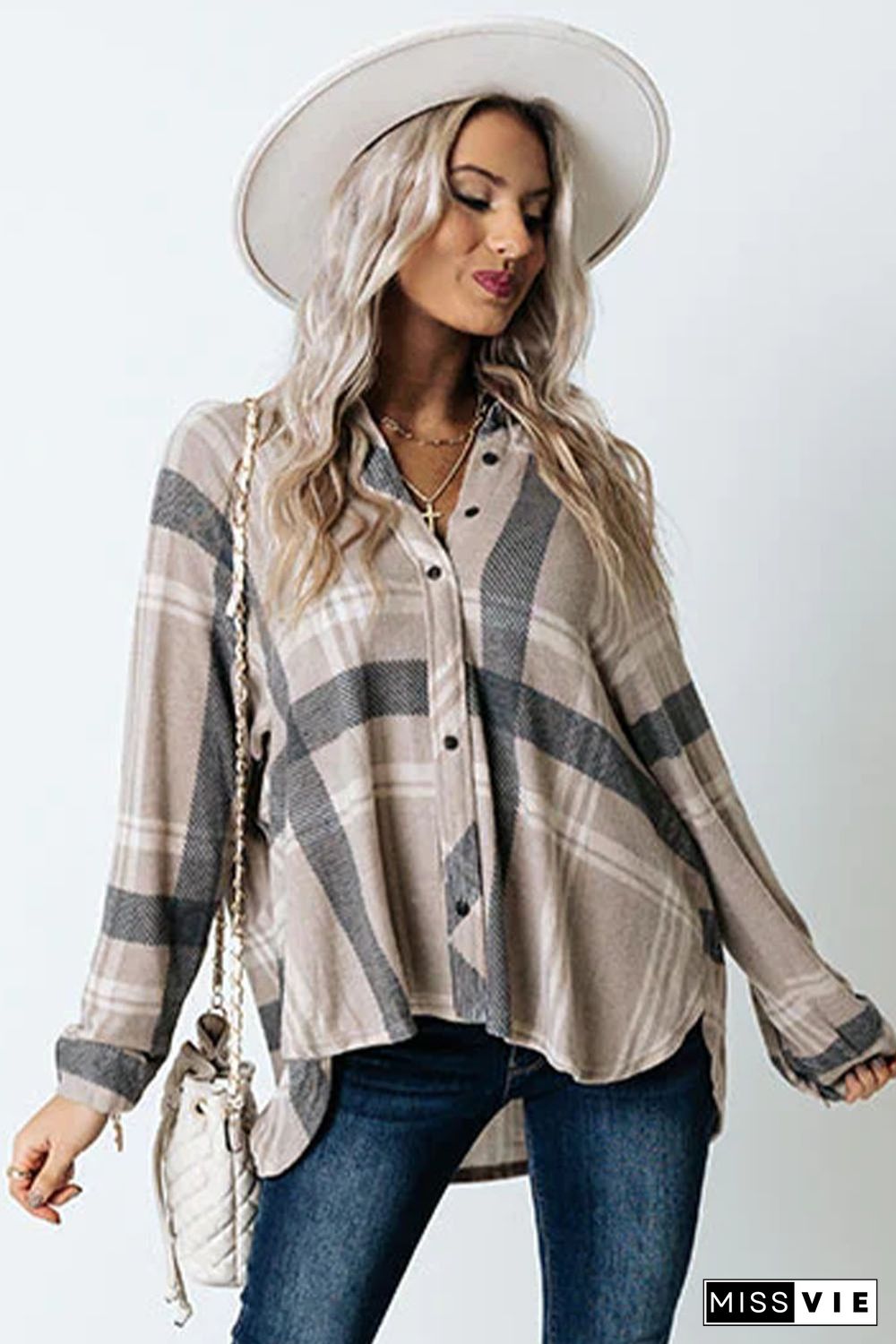 Khaki High Low Brushed Plaid Oversize Shirt