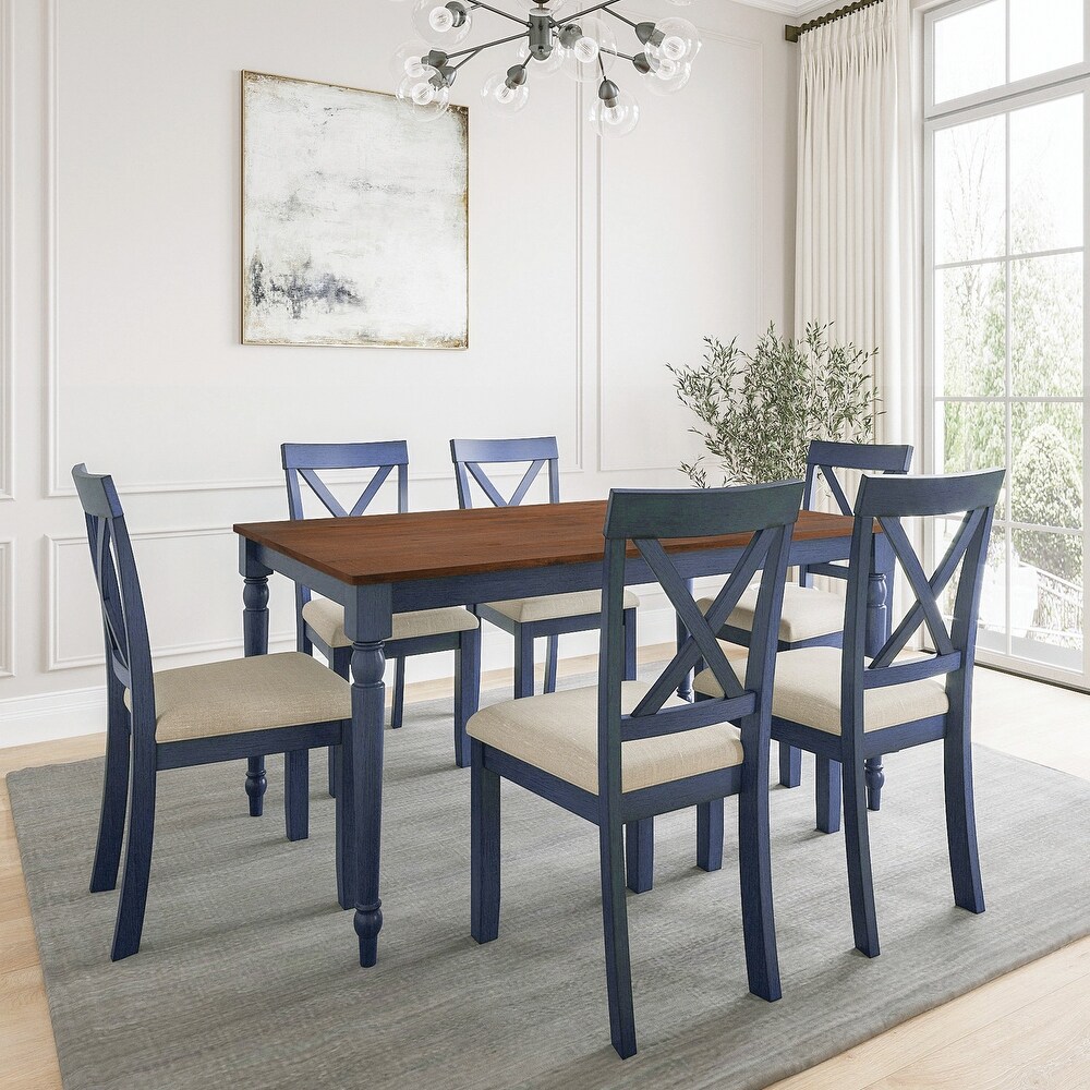 Medium Brown and Navy Blue Wood Dining Table for Kitchen Dining Room