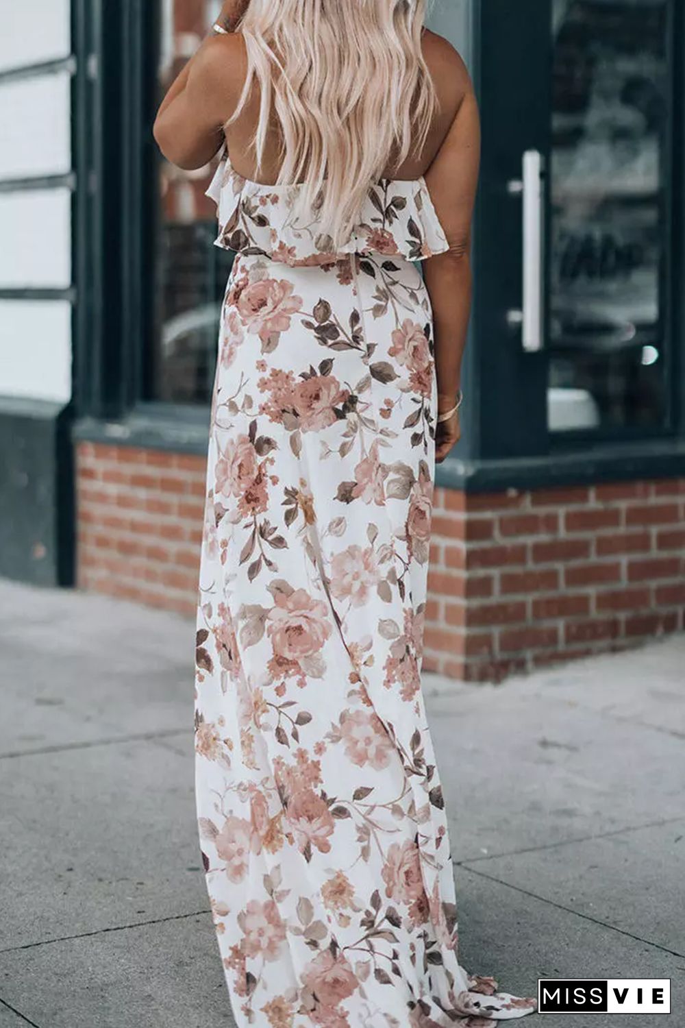 White Floral Slit Ruffled Halterneck Maxi Dress