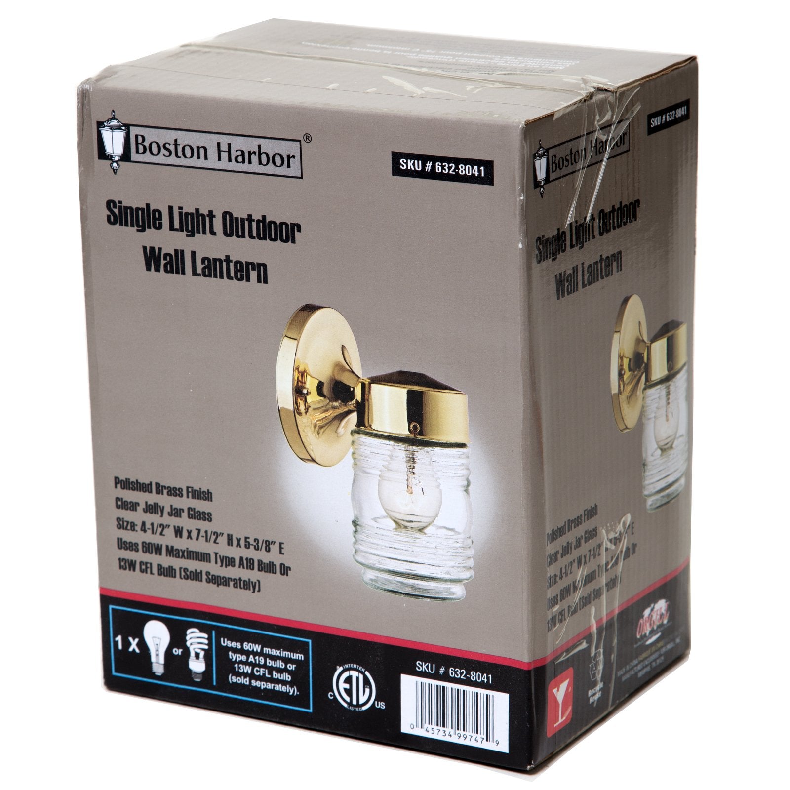 Boston Harbor 4402H-23L Outdoor Wall Lantern, 120 V, 60 W, A19 or CFL Lamp, Steel Fixture, Polished Brass