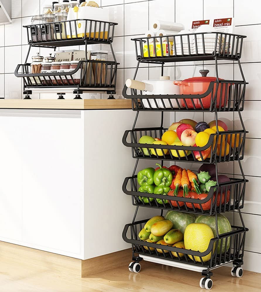 Fruit and Vegetable Basket， 5 Tier Metal Wire Stackable Kitchen Storage Rack for Kitchen， Bathroom， Pantry