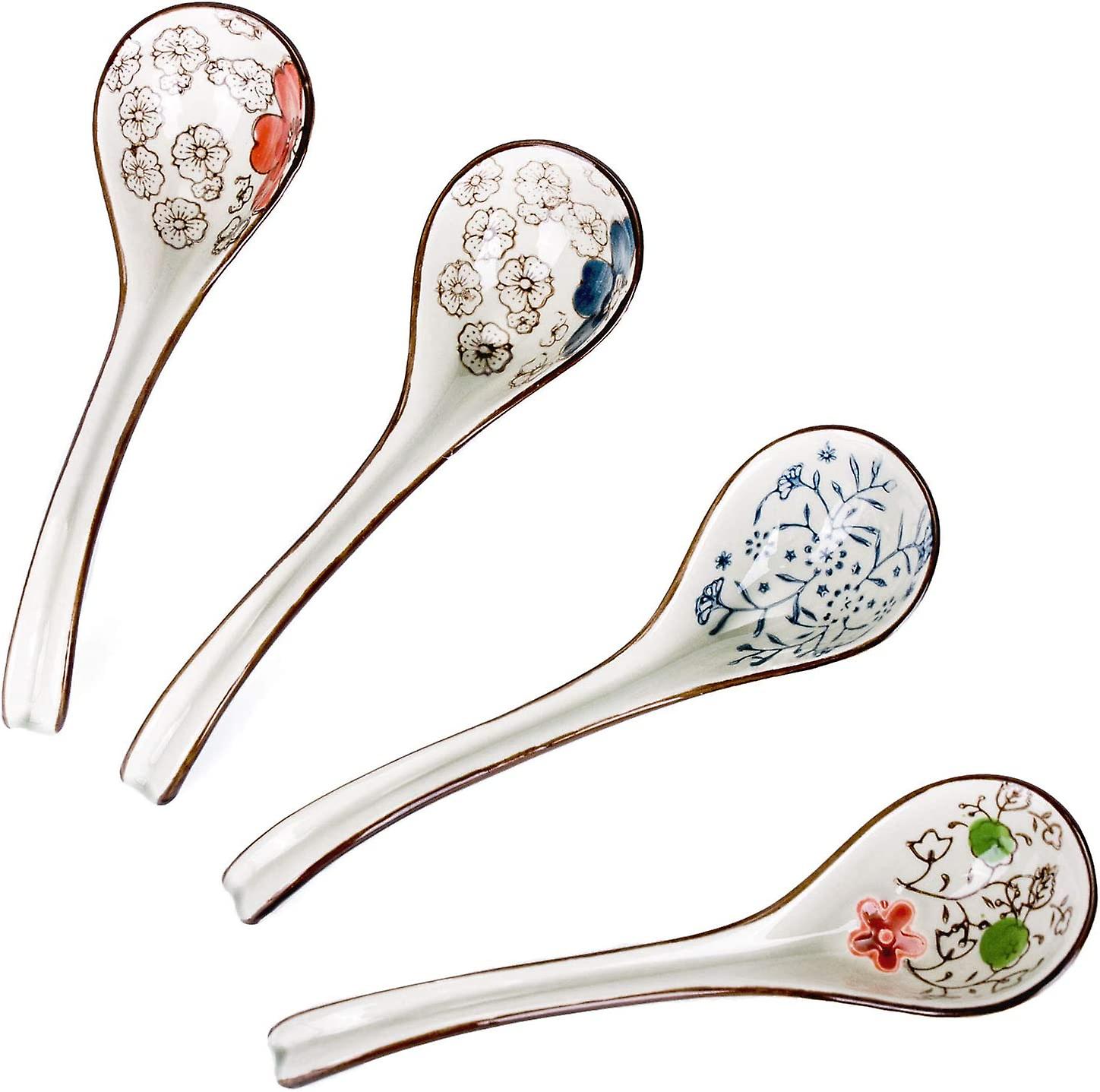 Set Of 4 Chinese/japanese Ceramic Soup Spoons， Vintage Hand Painted Floral Pattern Ceramic Spoon