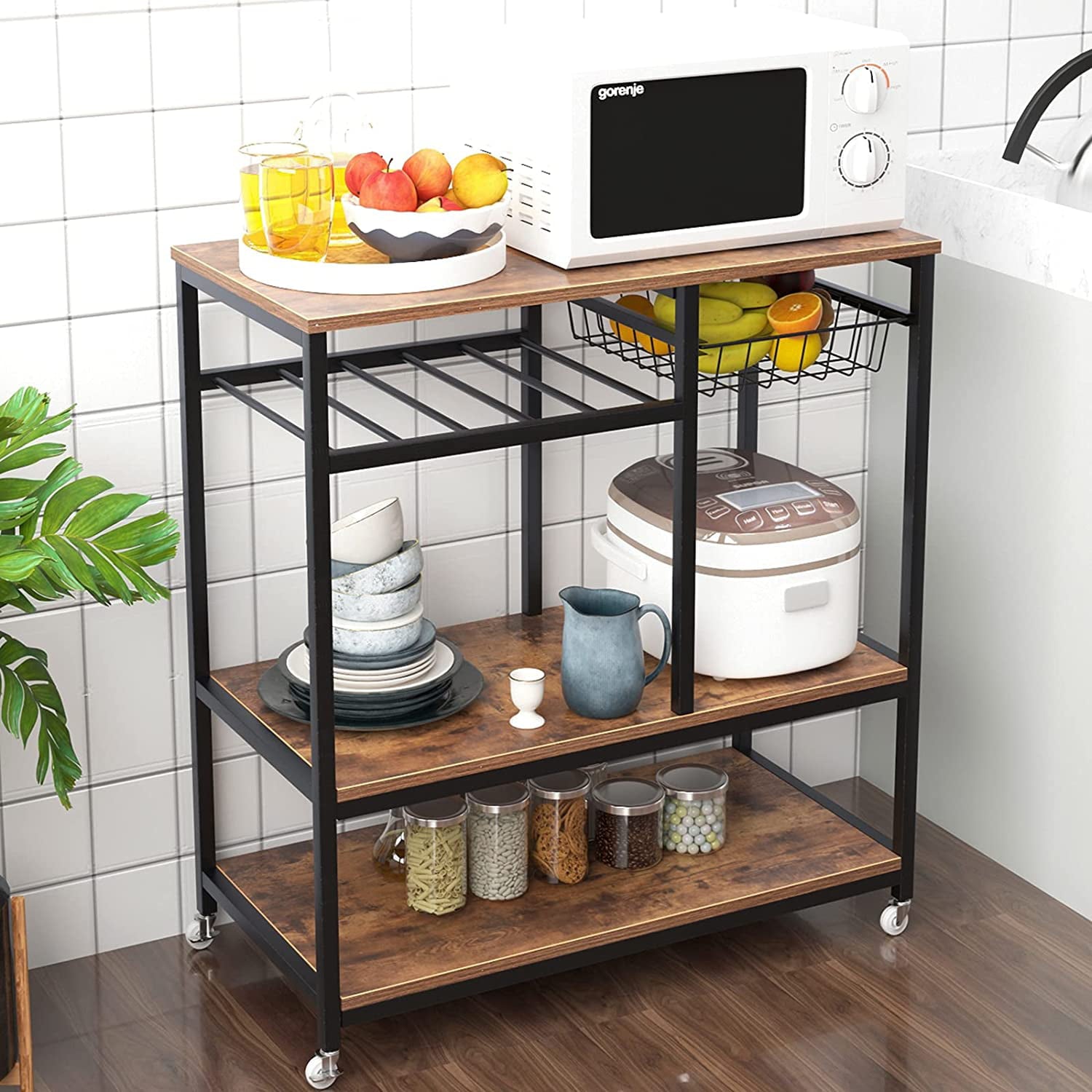 SogesPower Kitchen Island Cart， Rolling Kitchen Baker's Rack， Utility Storage Shelf Cart， Microwave Stand， for Spice Rack Organizer Workstation， Rustic Brown