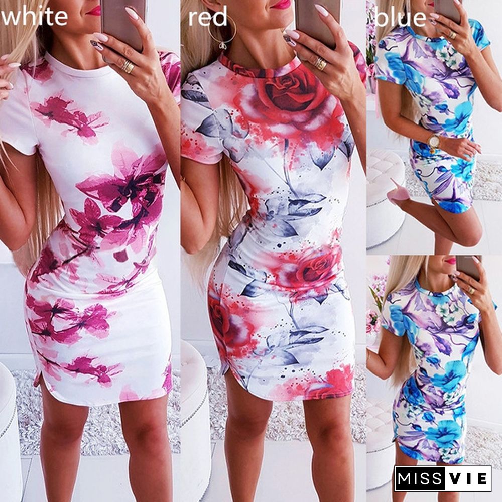 Hot Summer Elegant Floral Print Bodycon Short Sleeve O neck Causal Dress