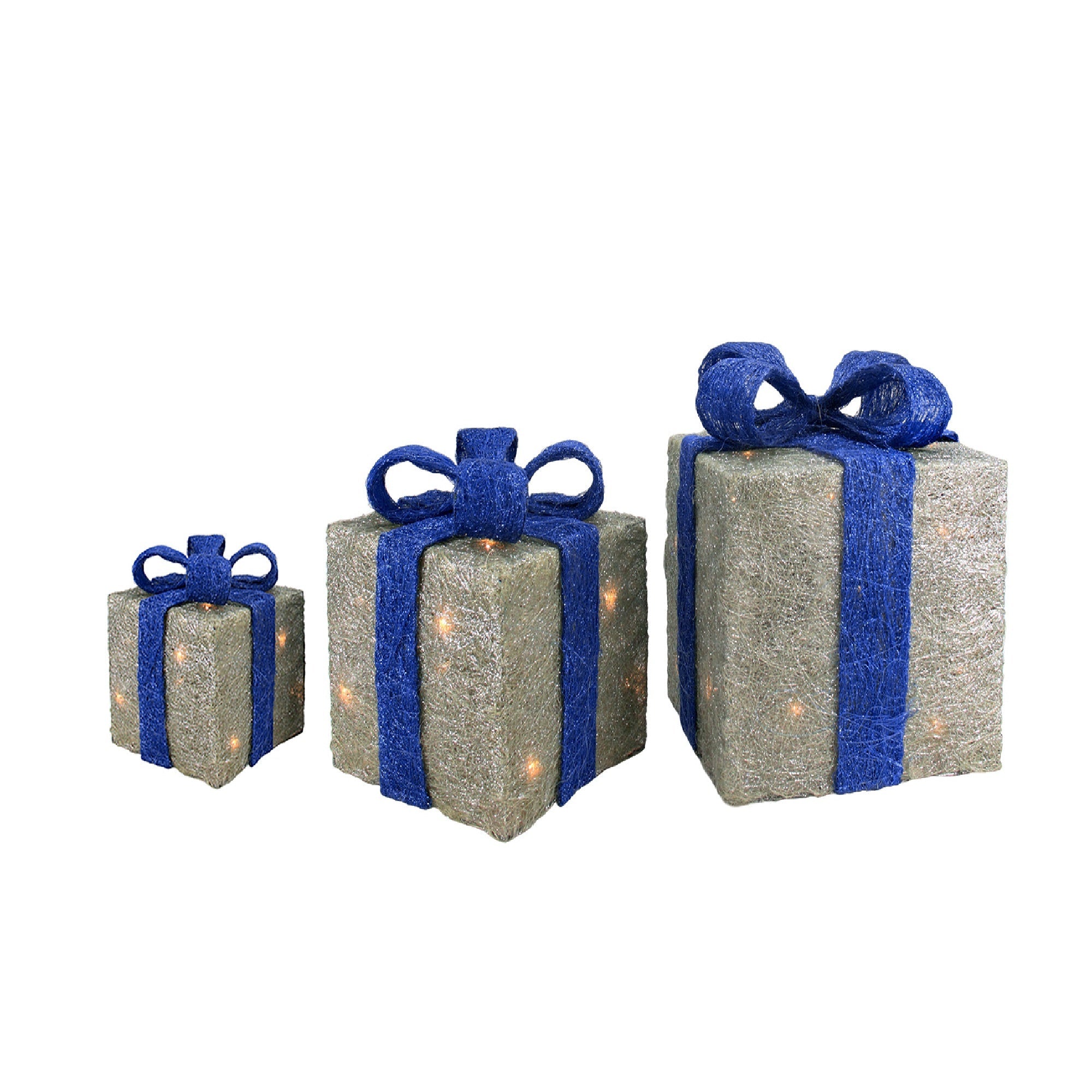 Set of 3 Lighted Silver and Blue Gift Boxes Outdoor Christmas Decorations 10"