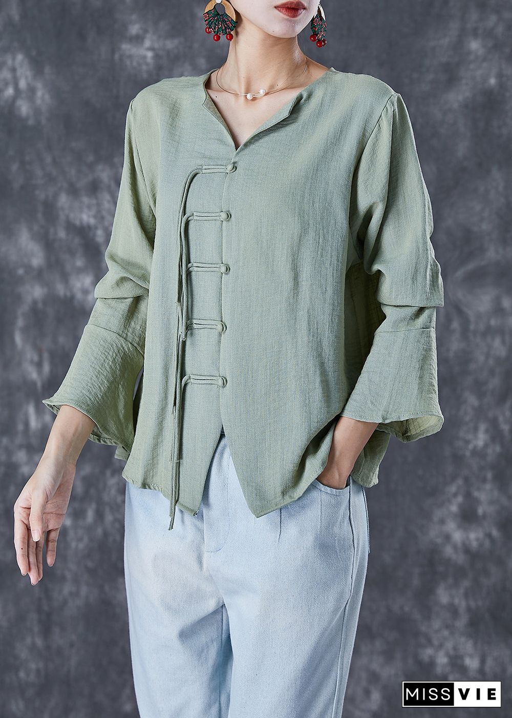 Chinese Style Green Grey Tasseled Linen Shirt Top Flare Sleeve