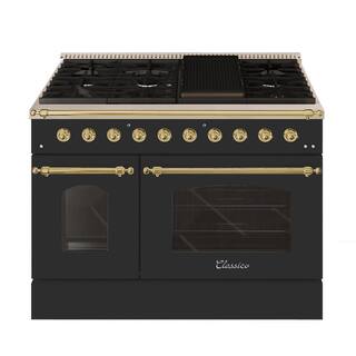 Hallman CLASSICO 48 in. TTL6.7 Cu. ft. 8 Burner Freestanding Dual Fuel Range LP Gas Stove Electric OvenMatte Graphite Brass Trim HCLRDF48BSMG-LP