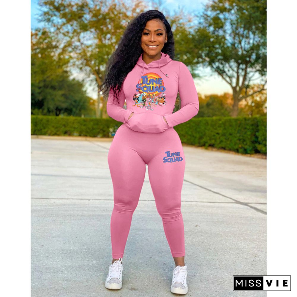 Workout Cartoon Print Hooded Tops 2 Piece Pants Set