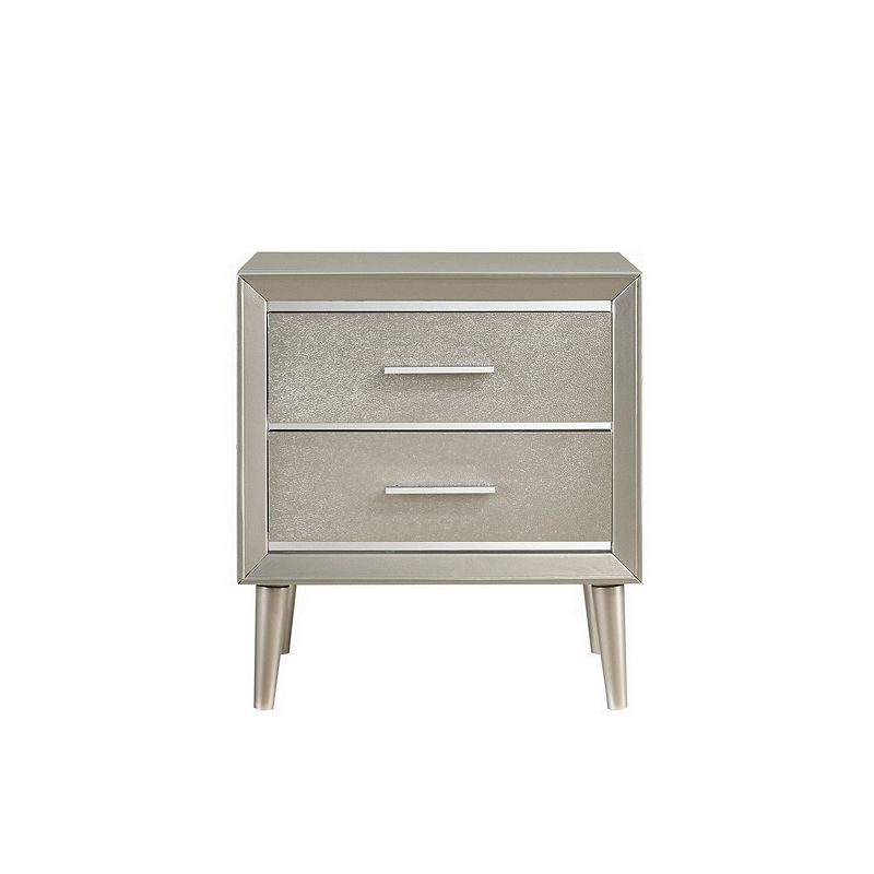 2 Drawer Contemporary Nightstand with Bar Handles and Splayed Legs， Silver