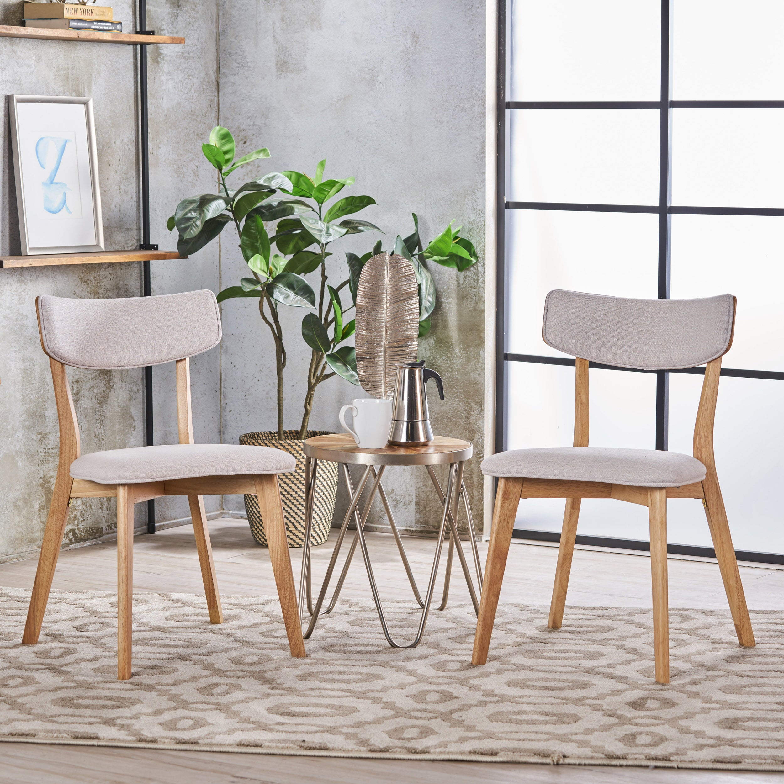 Noble House Sadie Mid Century Fabric Dining Chairs, Set of 2, Natural Oak, Beige