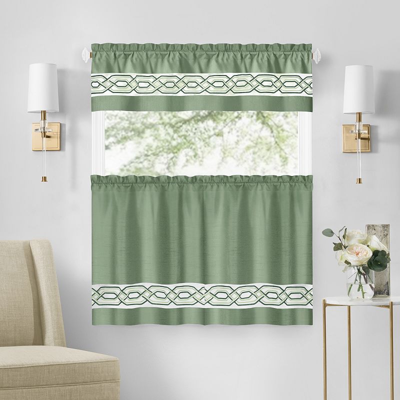 Kate Aurora Pacifico Complete 3 Piece Rod Pocket Embroidered Tier and Valance Kitchen Curtain Set