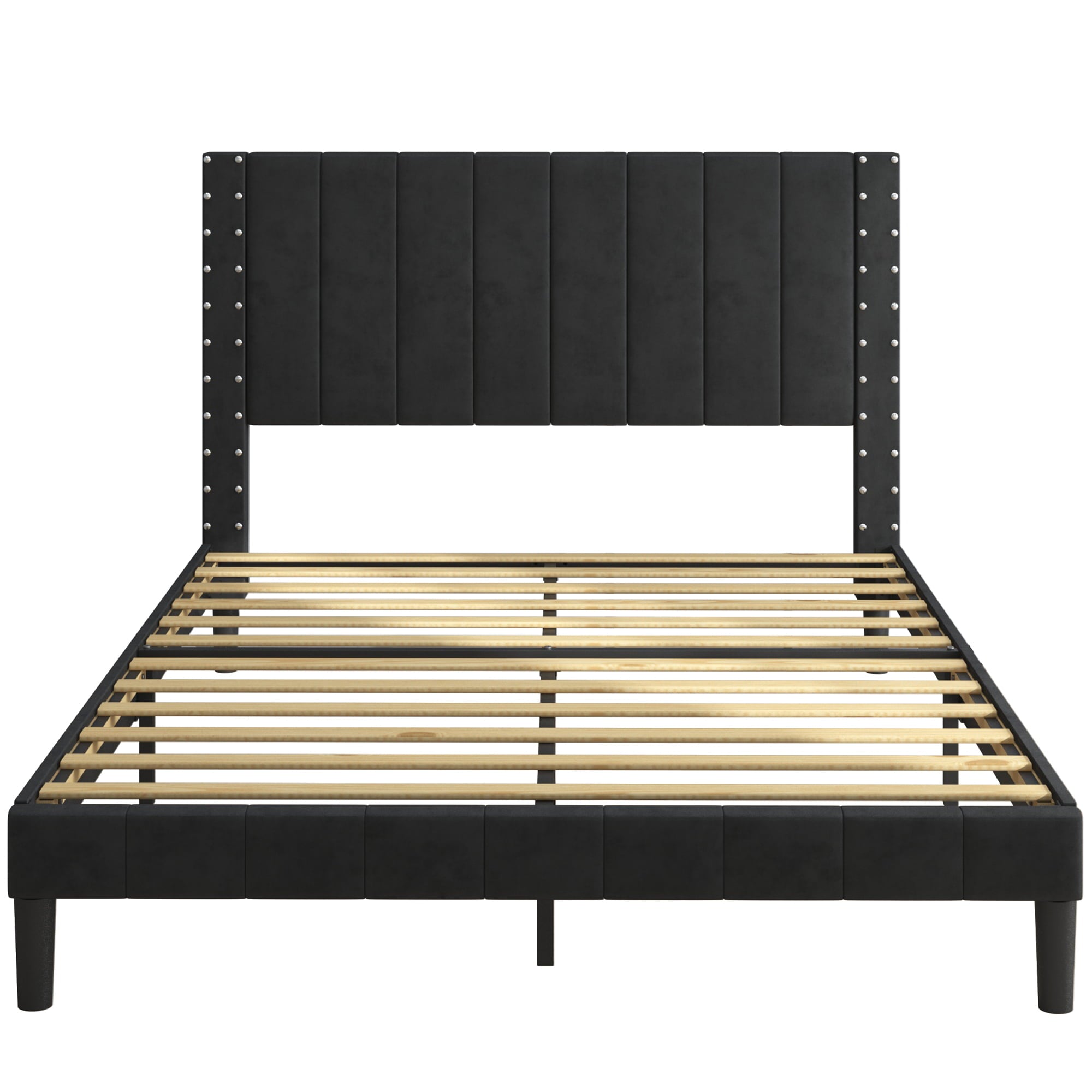 Black Queen Bed Frame for Adults Kids, Modern Fabric Upholstered Platform Bed Frame with Headboard, Queen Size Bed Frame Bedroom Furniture with Wood Slats Support, No Box Spring Needed