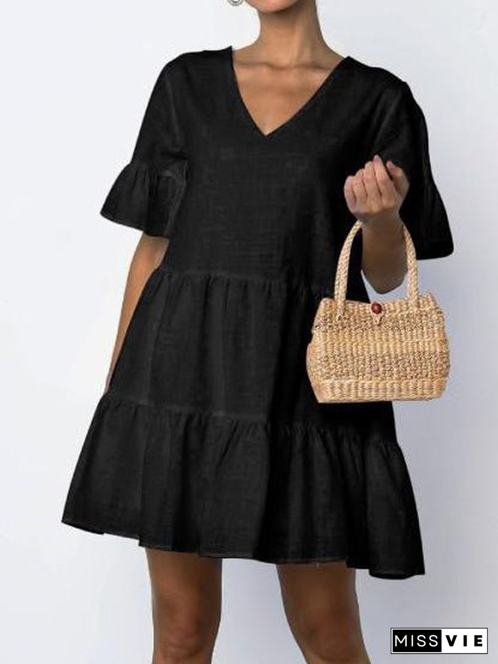 Women'S Dresses V-Neck Short Sleeve Ruffle Dress