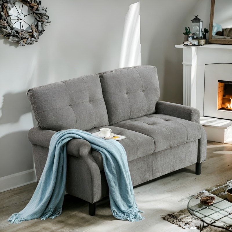 Modern Fabric 2 Seat Sofa  Upholstered Wooden Frame 2 Cushion Design Loveseat Furniture for Living Room  Grey Soft Couch