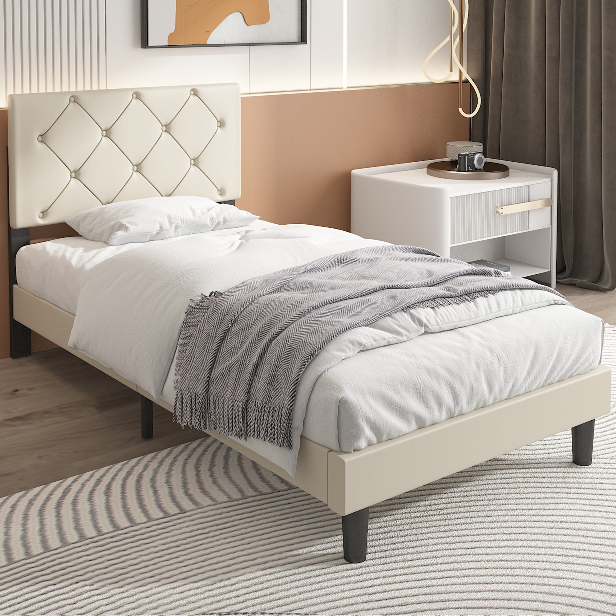 uhomepro Beige Twin Bed with Adjustable Faux Leather Upholstered Headboard, Modern Platform Bed Frame for Bedroom with Wood Slats Support, No Box Spring Needed