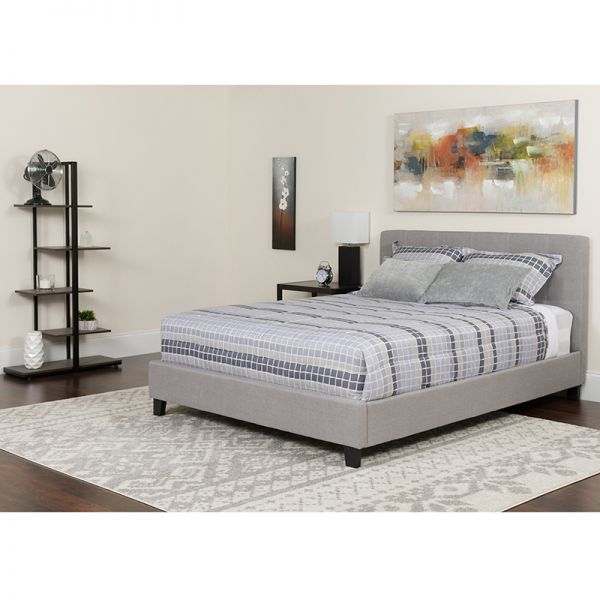 Tribeca King Size Tufted Upholstered Platform Bed in Light Gray Fabric with Memory Foam Mattress