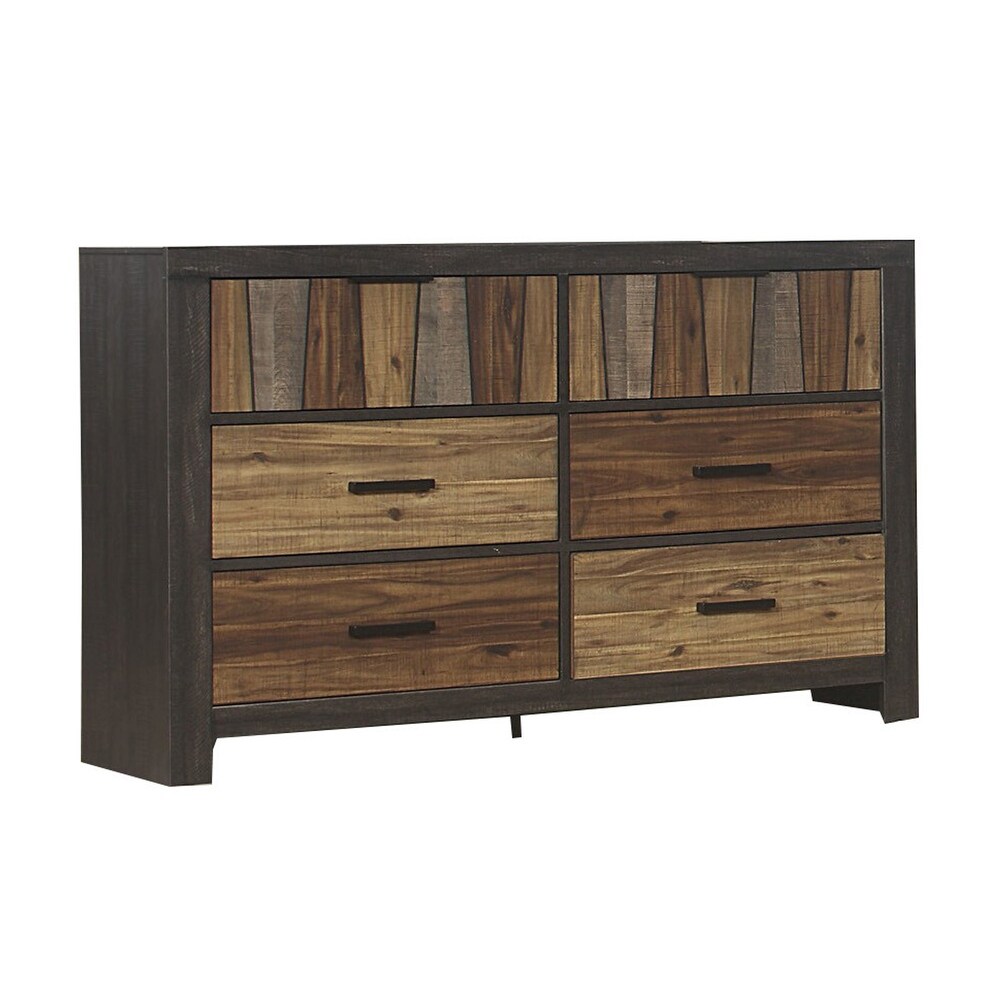 Plank Style 6 Drawer Wooden Dresser with Metal Bar Handles  Brown