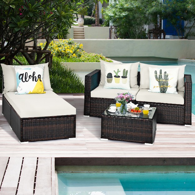 Tangkula 5 piece Patio Rattan Conversation Set Ourdoor Sectional Cushioned Sofa With Table