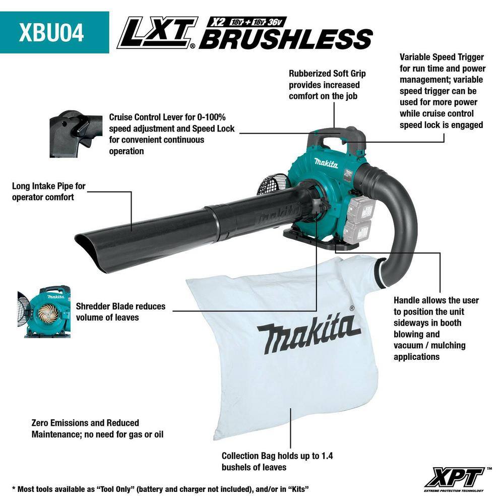 Makita 120 MPH 473 CFM 18V X2 (36V)LXT Brushless Leaf Blower Kit w Vac Attach Kit (5.0 Ah)wbonus 18V LXT Battery 5.0 Ah(2-Pk) XBU04PTV-BL1852