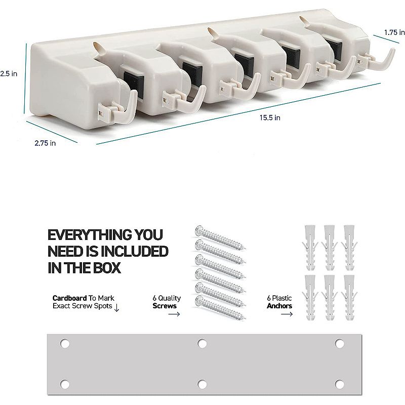 Mop And Broom Holder with 5 Slots， 6 Hooks， 7.5lbs Capacity Per Slot - Tool Organizer Off-White