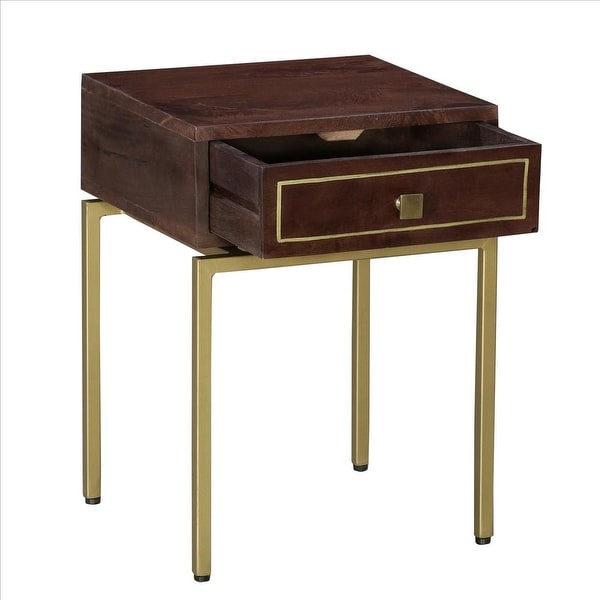 Bedside Table with 1 Drawer and Tubular Metal Legs， Brown and Brass - Brown and Brass - 22 H x 16 W x 15 L Inches