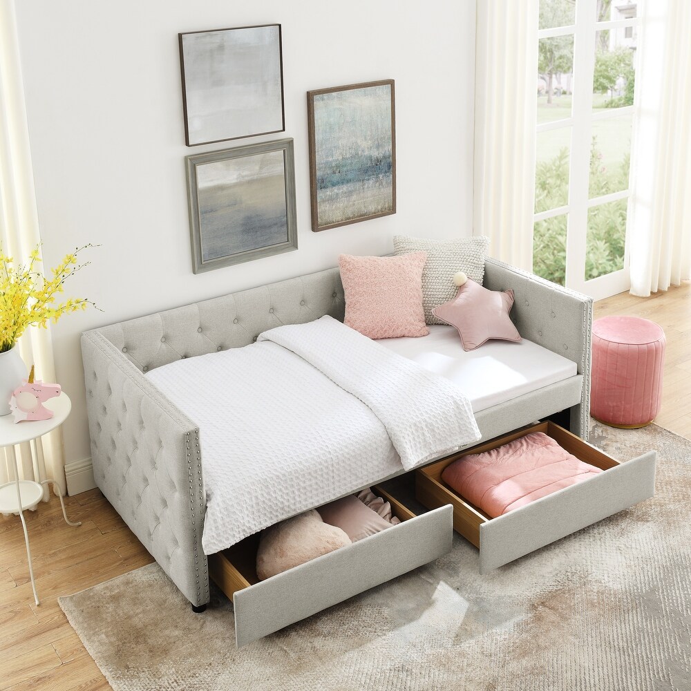 Upholstered Twin Size Daybed with Two Drawers