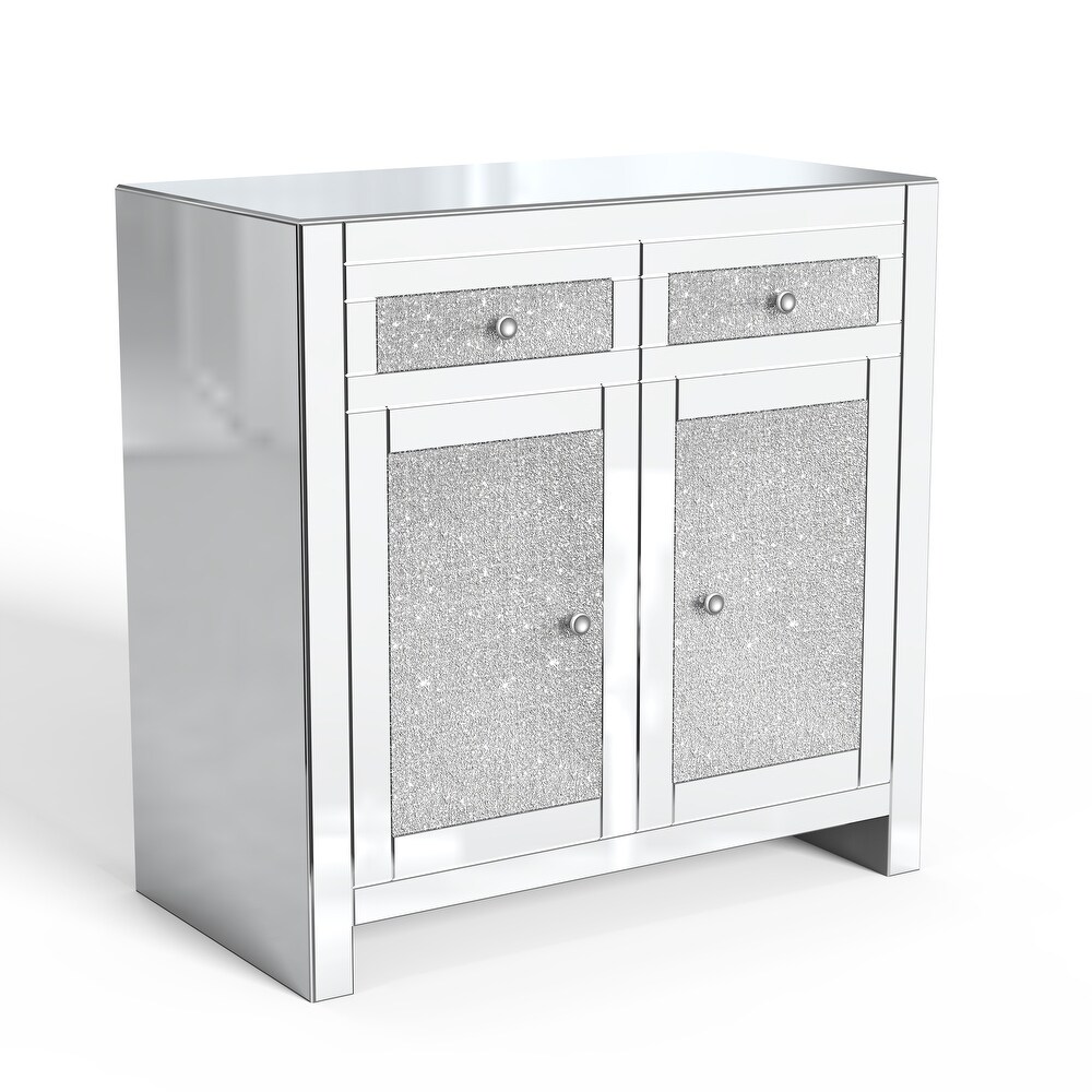 Mirrored Accent Cabinet  Silver TV Console Cabinet Modern Glass Sideboard with 2 Drawers   2 Cabinets